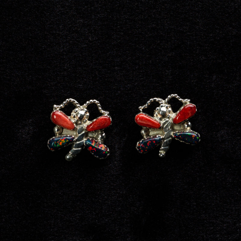 Erva Quam: Coral & Black Lab Opal, Dragonfly Earring Post