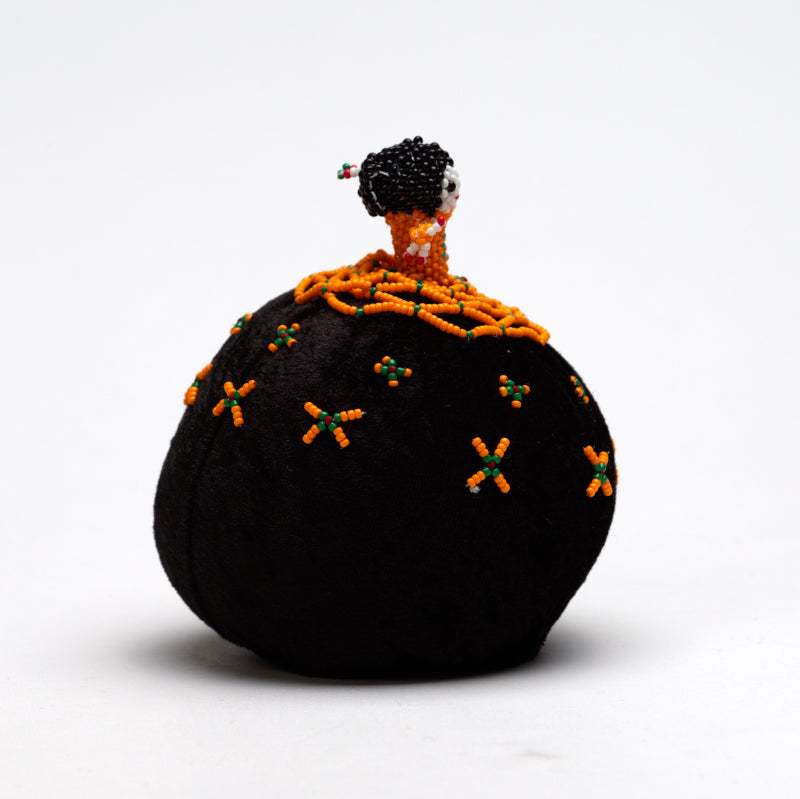 Marilyn Allapowa: Black velvet orange/green beaded Pin Cushion