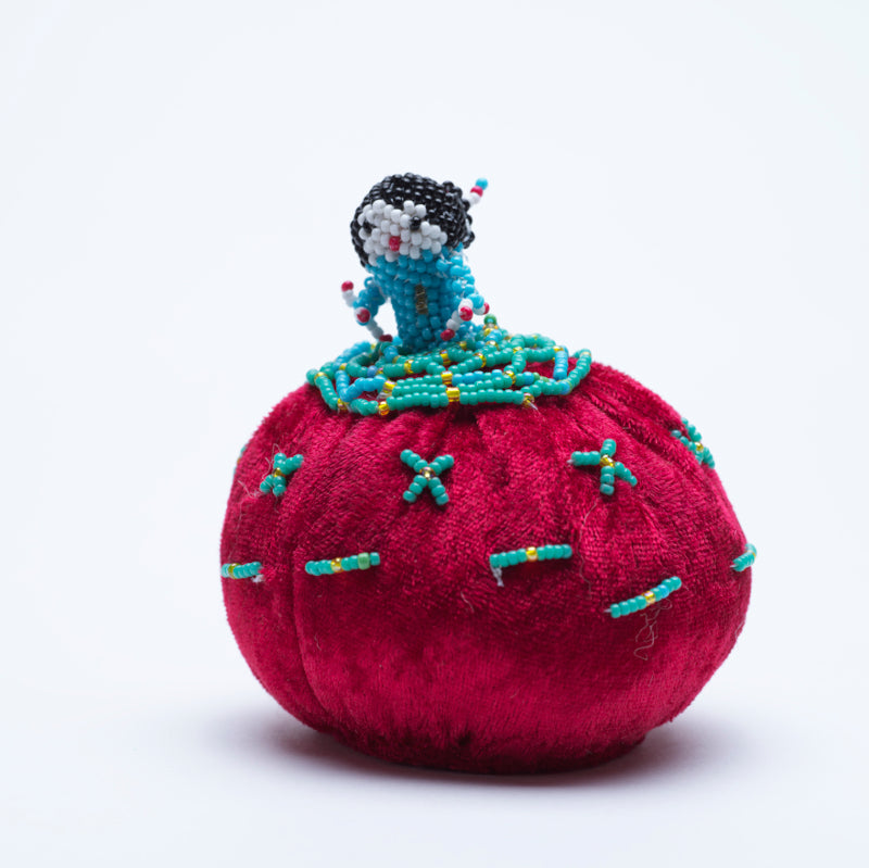 Marilyn Allapowa: Red Velvet, Turquoise/Gold Beaded Pin Cushion