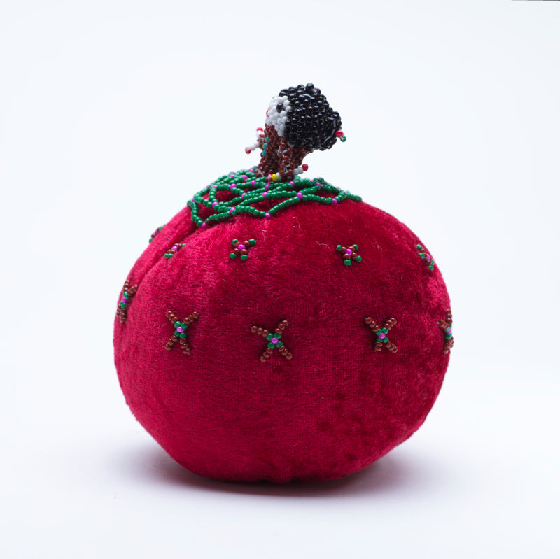 Marilyn Allapowa: Red velvet, Green/Pink/Brown Beaded Pin Cushion