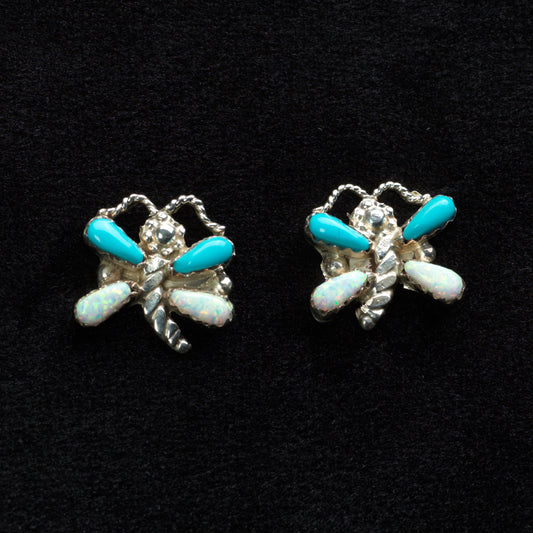 Erva Quam: Turquoise & White Lab Opal, Dragonfly Earring Post