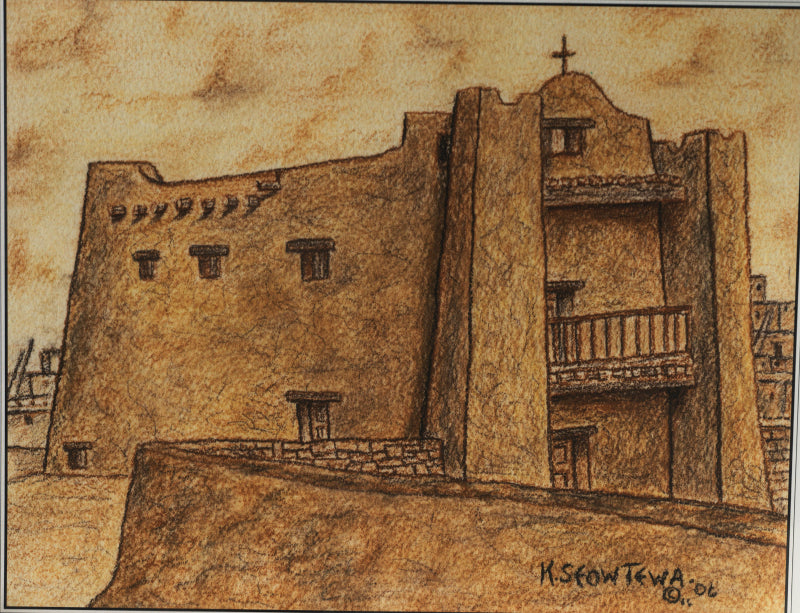 Kenneth Seowtewa: Hand drawn Old Zuni Mission Church "1629"