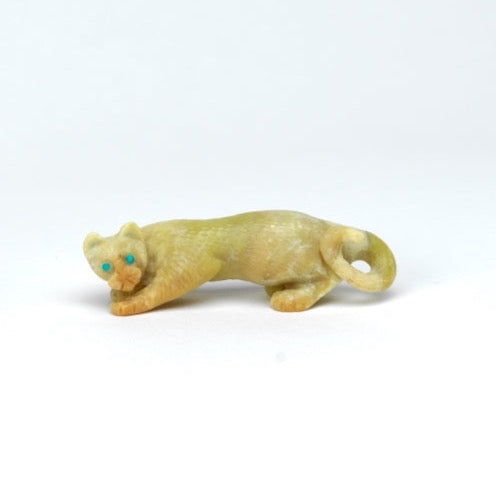Wilfred Cheama: Light Green Serpentine, Mountain Lion with Turquoise Eyes