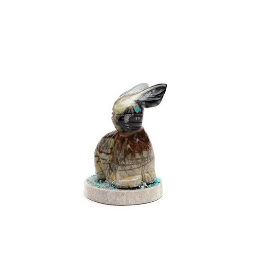 Stafford Chimoni: Picasso marble, Rabbit on antler base with turquoise