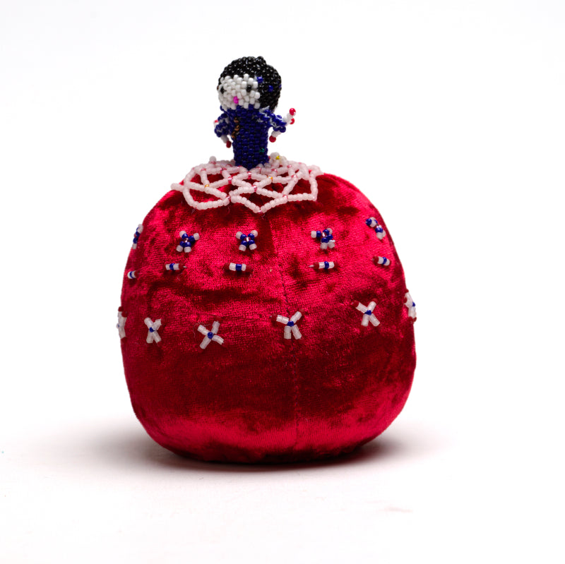 Marilyn Allapowa: Red velvet blue/white beaded Pin Cushion