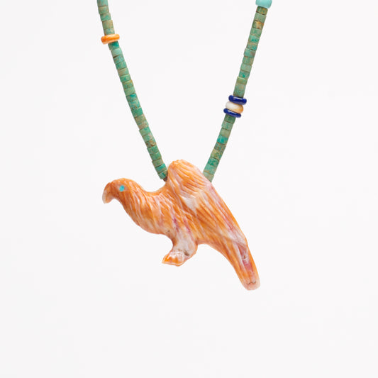 Andres Quandelacy: Orange Spiny Oyster Shell with turquoise beads, Eagle Necklace
