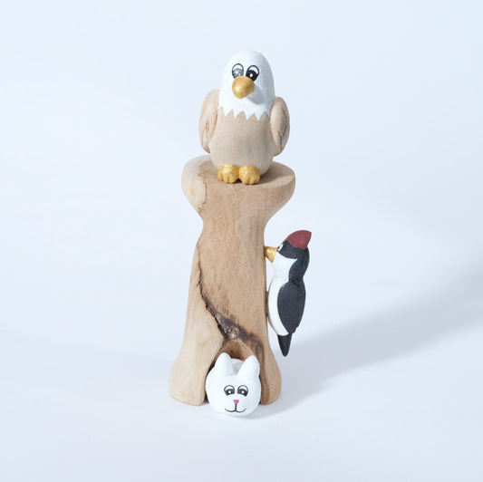 Evander Shelendewa: Cottonwood, Eagle, Woodpecker & Bunny on a stump