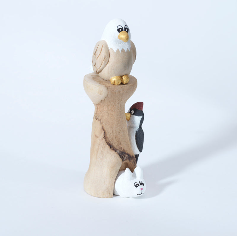 Evander Shelendewa: Cottonwood, Eagle, Woodpecker & Bunny on a stump