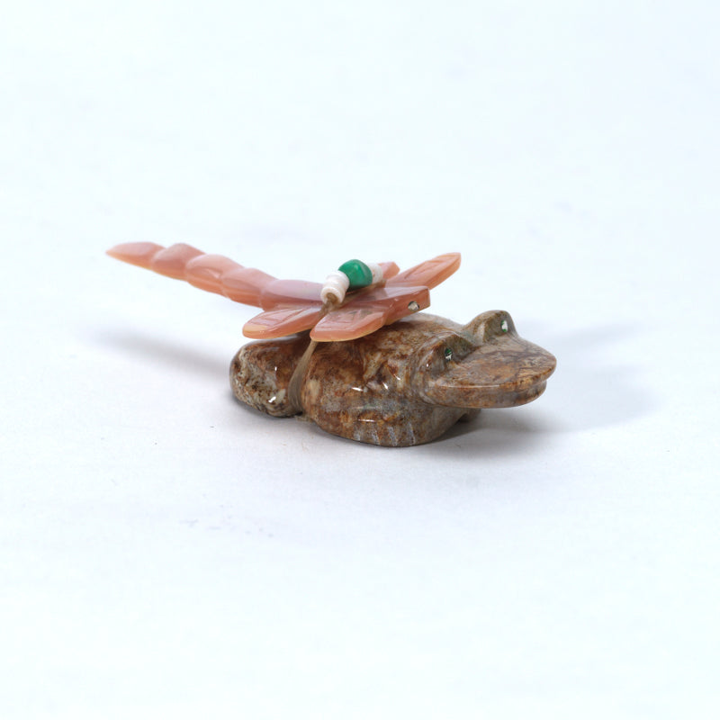 Daisy Rose Leonard: Picasso Marble, Frog with Pink Mussel Shell Dragonfly