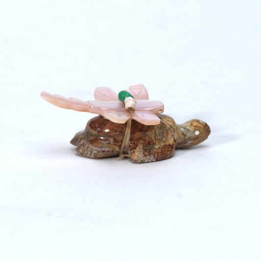 Daisy Rose Leonard: Picasso, Turtle with Pink Mussel Shell Dragonfly