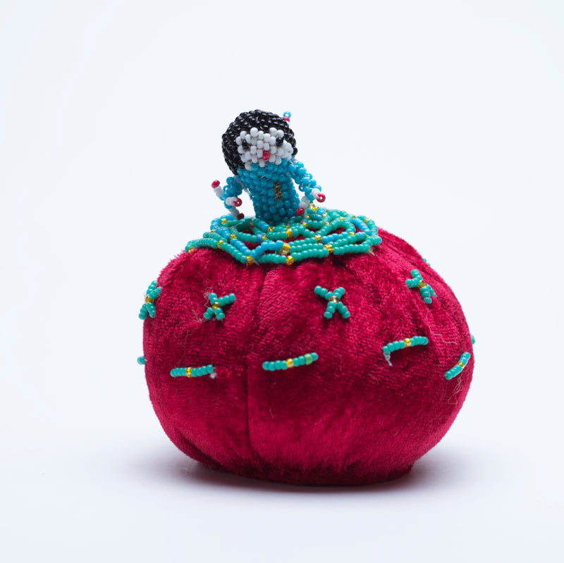 Marilyn Allapowa: Red Velvet, Turquoise/Gold Beaded Pin Cushion