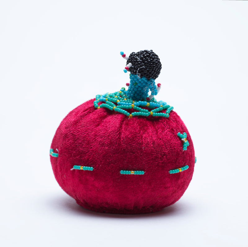 Marilyn Allapowa: Red Velvet, Turquoise/Gold Beaded Pin Cushion