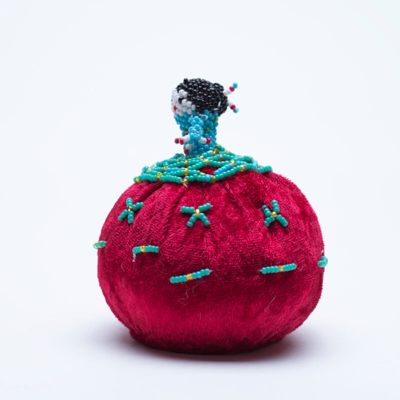 Marilyn Allapowa: Red Velvet, Turquoise/Gold Beaded Pin Cushion