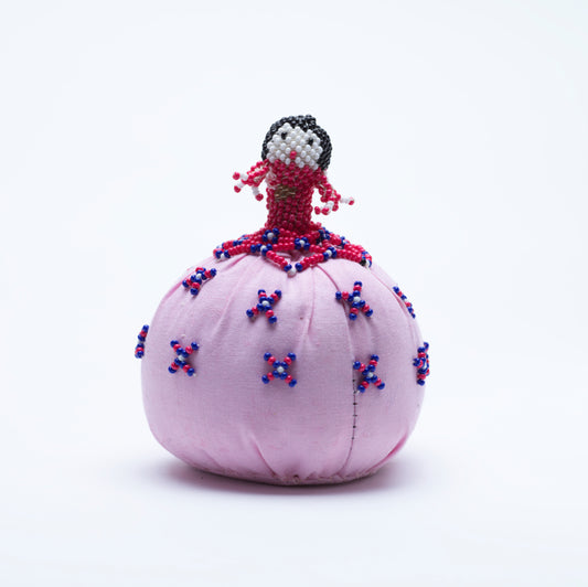 Marilyn Allapowa: Pink Cloth, Red/Blue/White Beaded Pin Cushion