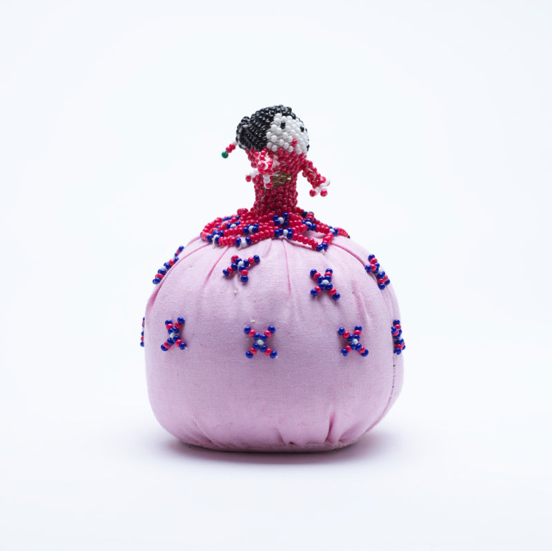 Marilyn Allapowa: Pink Cloth, Red/Blue/White Beaded Pin Cushion