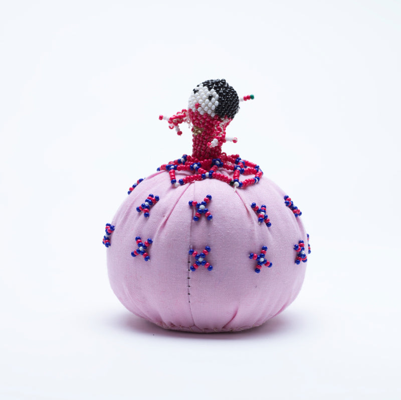 Marilyn Allapowa: Pink Cloth, Red/Blue/White Beaded Pin Cushion