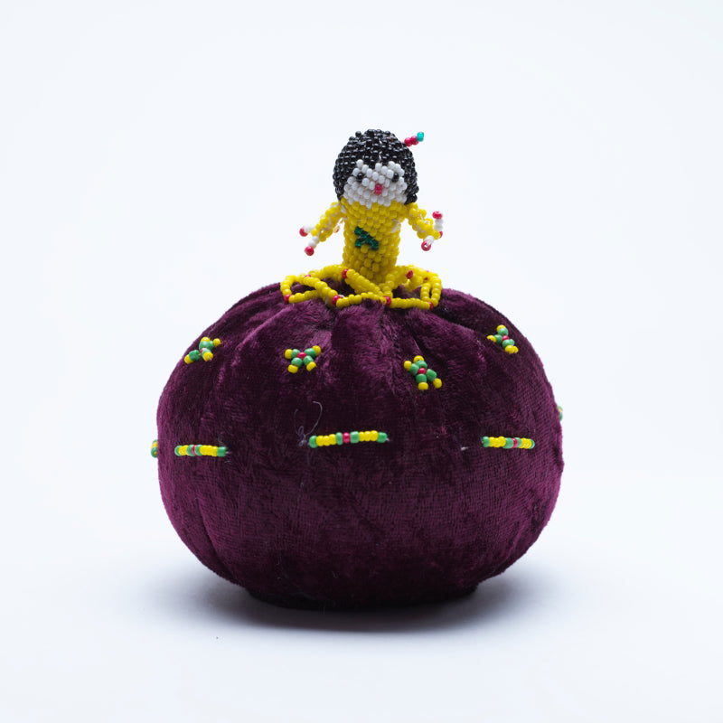 Marilyn Allapowa: Maroon Velvet, Yellow/Green Beaded Pin Cushion