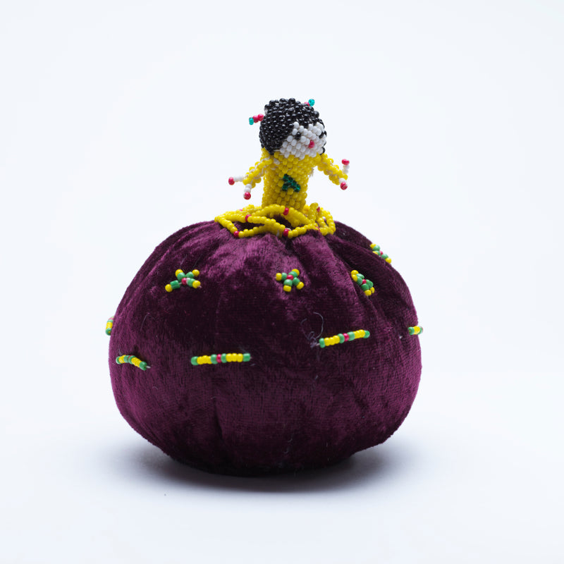 Marilyn Allapowa: Maroon Velvet, Yellow/Green Beaded Pin Cushion