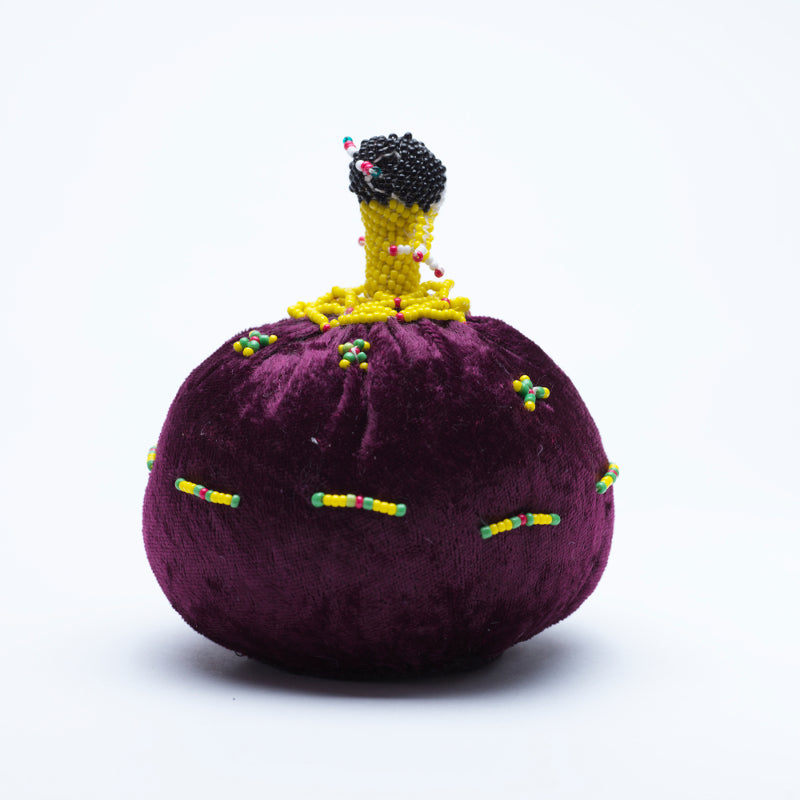 Marilyn Allapowa: Maroon Velvet, Yellow/Green Beaded Pin Cushion