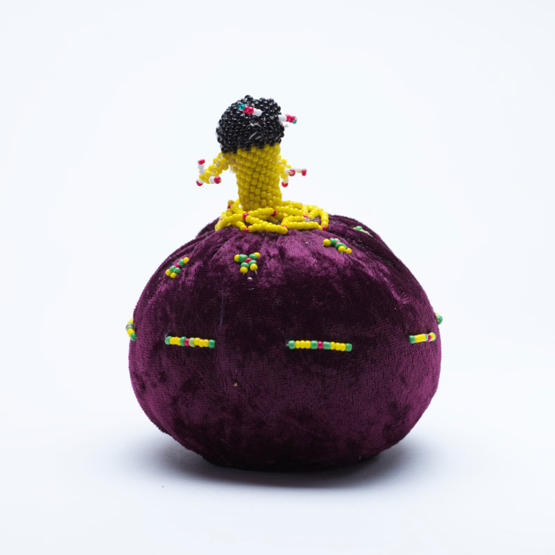 Marilyn Allapowa: Maroon Velvet, Yellow/Green Beaded Pin Cushion