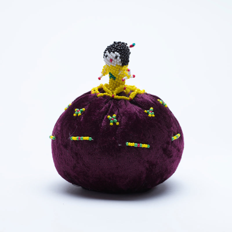 Marilyn Allapowa: Maroon Velvet, Yellow/Green Beaded Pin Cushion