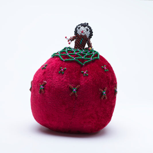 Marilyn Allapowa: Red velvet, Green/Pink/Brown Beaded Pin Cushion