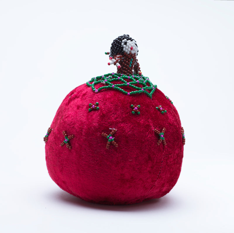 Marilyn Allapowa: Red velvet, Green/Pink/Brown Beaded Pin Cushion