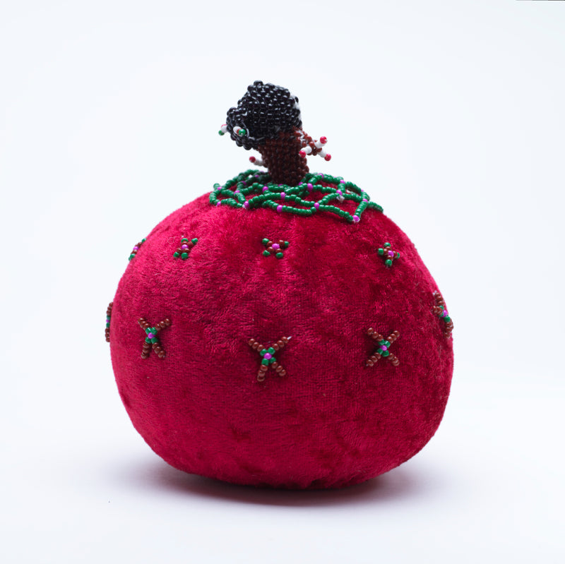 Marilyn Allapowa: Red velvet, Green/Pink/Brown Beaded Pin Cushion