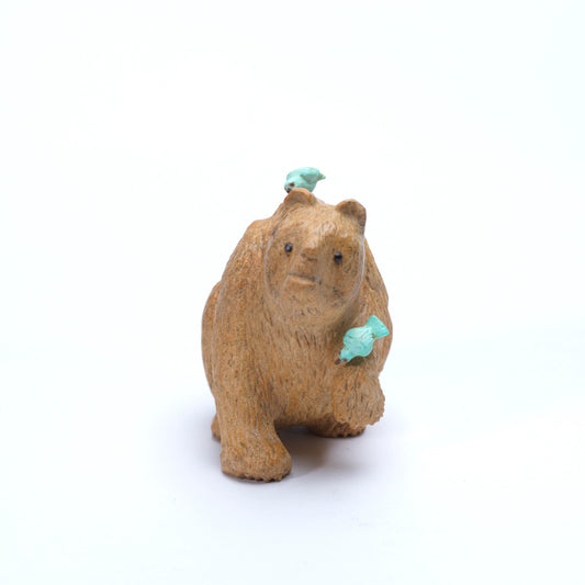 Fred Bowannie: Zuni Stone, Bear with 2 Turquoise Birds