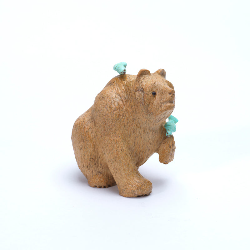 Fred Bowannie: Zuni Stone, Bear with 2 Turquoise Birds