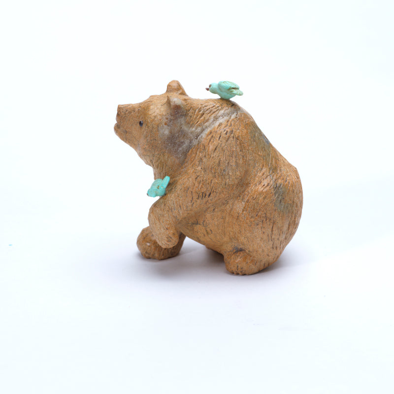 Fred Bowannie: Zuni Stone, Bear with 2 Turquoise Birds