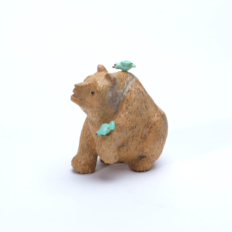 Fred Bowannie: Zuni Stone, Bear with 2 Turquoise Birds