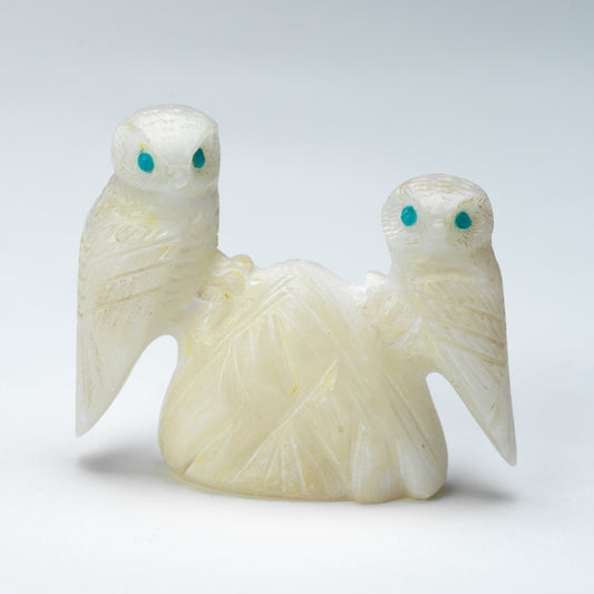 Arvella Cheama: White Marble, Pair of Owls with Turquoise Eyes